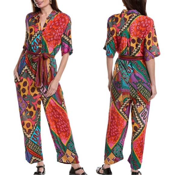 Farm Rio Pants - Farm Rio Dotted Patch Scarf Unisex Jumpsuit Size L Multi Tropical Short Sleeve